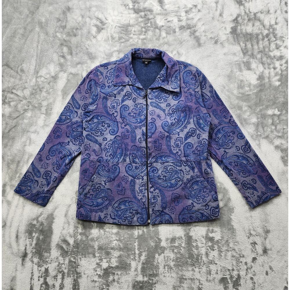 Vintage Staples Jacket Women 10 Blue Purple Paisley Print Full Zip Stretch Denim